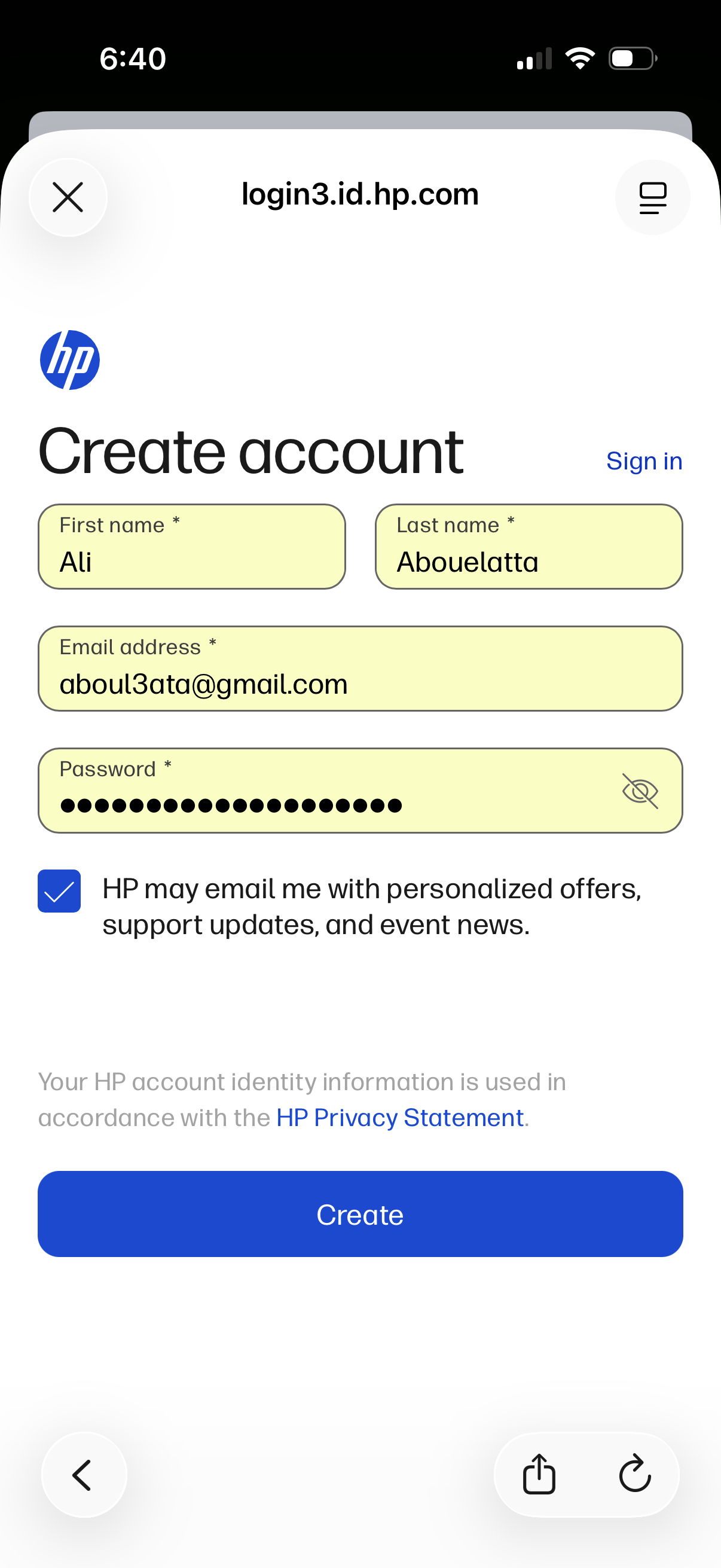 HP signup screenshot